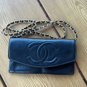 Authentic CHANEL smooth Leather  Long Bifold Wallet on Chain WOC